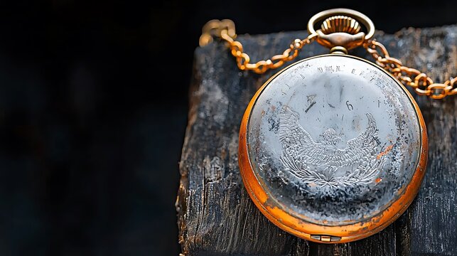 Vintage pocket watch resting on a weathered wooden surface with a dark background, showcasing intricate details