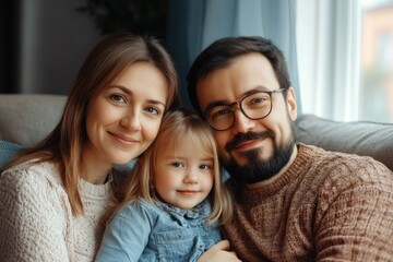Fototapeta premium A warm family moment, featuring a man and woman sharing smiles while their child sits on the floor, all in the comfort of their home.