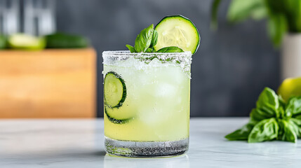 Refreshing cucumber and basil mocktail with ice and garnishes