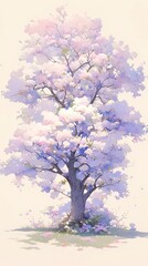 A watercolor painting depicting a blooming cherry tree in spring