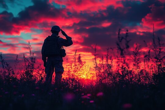 Silhouette of Soldier Saluting Against Union Jack at Sunset for Remembrance Day Greeting Card