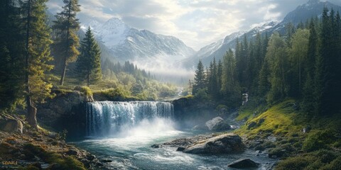 Fototapeta premium Natural scenery of a mountainous river with a waterfall in a forested area.
