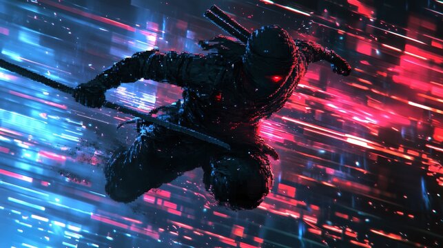 A pixel ninja jumping with motion blur effect