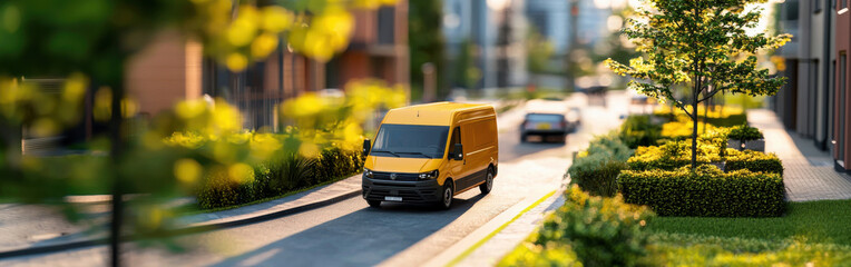 Obraz premium yellow delivery van driving through modern urban street surrounded by greenery and buildings