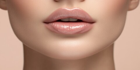 Obraz premium Close-up of glossy lips showcasing natural beauty and smooth skin in a soft lighting setting
