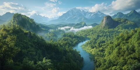 Nature scene featuring a picturesque river surrounded by lush greenery, set against majestic mountain peaks.