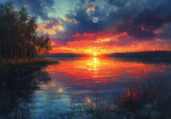 Stunning sunset over Lucerne Lake with vibrant sky reflections in water and flags of Switzerland and Canton of Schwyz