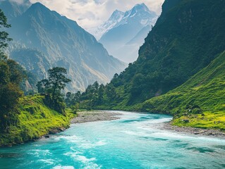 Nature's Paradise: Vibrant, picturesque landscape of lush green mountains, a serene river, and rolling grasslands. A perfect getaway for those who seek tranquility amidst breathtaking beauty.