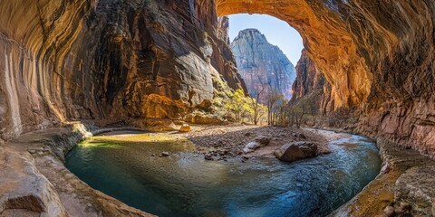 An expansive, colorful canyon with a vibrant green river and rocky terrain, featuring a large opening framed by a surrounding cliff. The scene is bathed in sunlight, creating striking shadows.