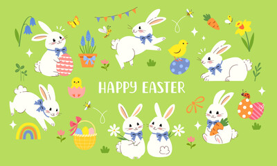 Vector festive clip art of cute white Easter Bunnies, Easter eggs, chicks and spring flowers on green background. Happy Easter greeting card, poster, banner template.