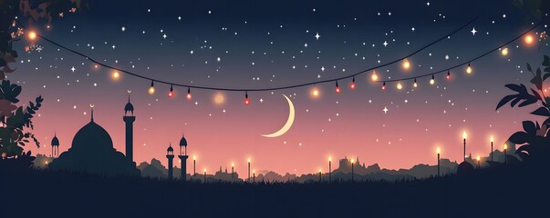 Mosque silhouette at night with crescent moon and string lights