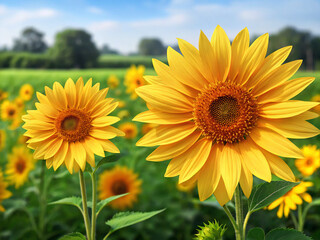 Obraz premium sunflowers in the field. sunflower, flower, summer, field, yellow, nature, sky, sun, green, blue, agriculture, plant, sunflowers, bright, leaf, blossom, beauty, flora, beautiful, flowers, petal, color