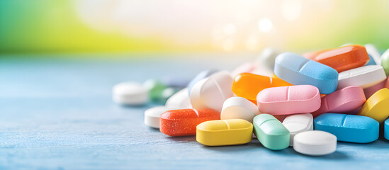 A pile of colorful pills on a wooden table