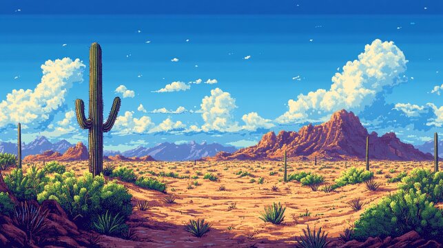 A pixel desert with cacti and rolling sand dunes