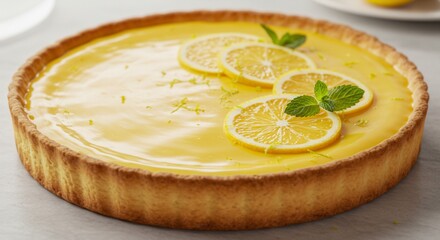 Delicious Lemon Tart with Fresh Mint and Lemon Slices Topping