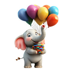 Friendly 3D Cartoon Elephant Holding Balloons Isolated on Transparent Background