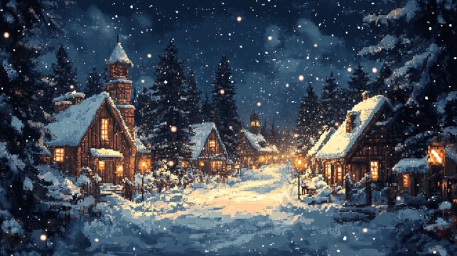 A pixel winter village with snowflakes and lights