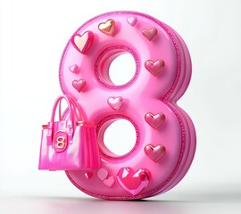 Commemorative Women's Day March 8 with Heart and Fashion Elements on Isolated Background