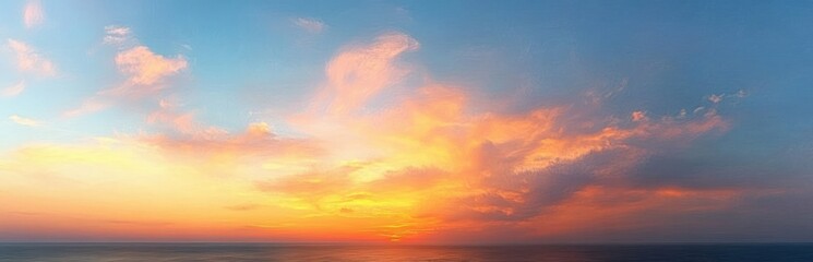 Obraz premium Serene Sunset Sky Calm Horizon Soft Pastel Colors Orange Pink Deep Blue Illuminated Clouds