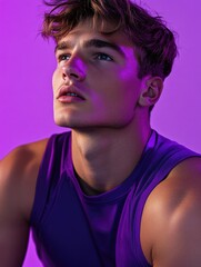 Contemporary male fitness model in vibrant athletic wear, posing for advertisement.