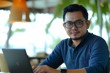 Obraz premium Young man working on laptop in a modern cafe during daytime with natural light and greenery