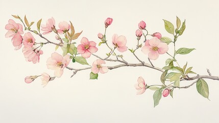 A delicate watercolor illustration of cherry blossom branches in soft pink hues.