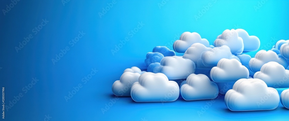 Poster Cluster of White Cloud Icons on Gradient Blue Background with Soft Lighting and Symmetrical Design