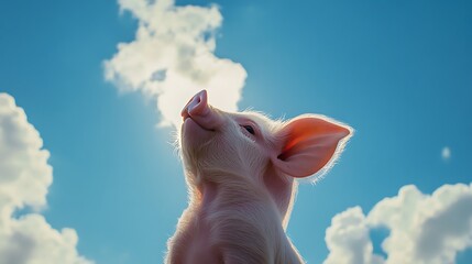 A close-up view of a young piglet with a bright blue sky and fluffy white clouds, capturing the essence of innocence and joy in a sunny environment