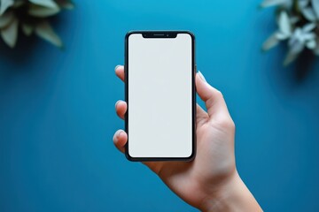 Hand holding smartphone with blank screen on vibrant blue background