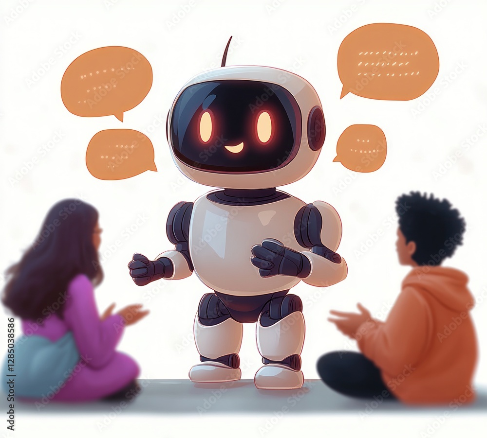 Poster cheerful robot engaging with diverse people in a whimsical chat environment