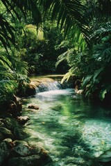 Crystal-clear stream meandering through lush tropical rainforest.