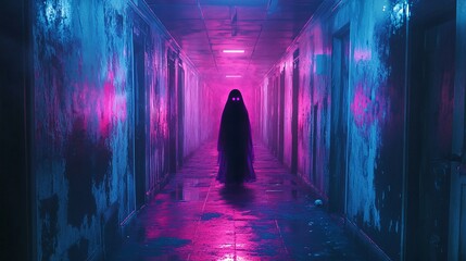 Fototapeta premium A pixel ghost floating through neon-lit haunted corridors
