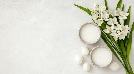 White flowers and milk in bowls on light surface
