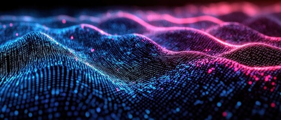 Futuristic Digital Landscape with Binary Code Waves in Neon Colors