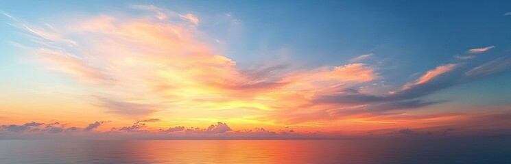 Fototapeta premium Serene Sunset Sky Calm Horizon Pastel Colors Warm Light Ethereal Clouds