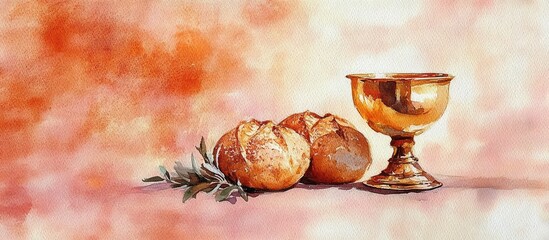 Eucharist Golden Chalice Fresh Bread Watercolor Painting Christian Communion