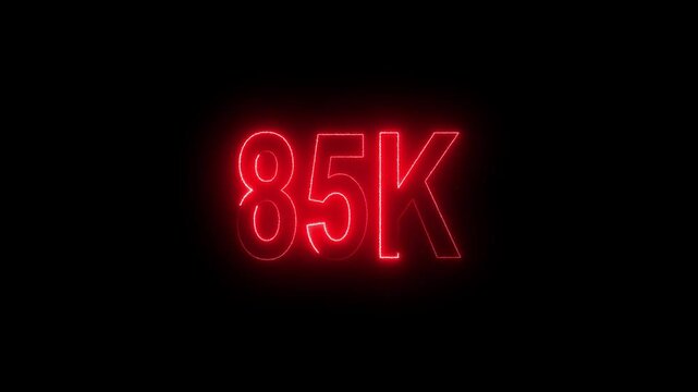 Glowing neon line with 85k Ultra HD video technology icon isolated on black background 85K subscribers modern animation banner design