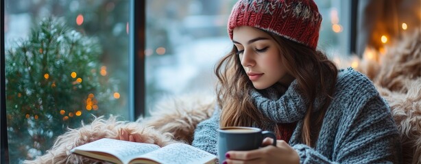 cinematic realistic Young woman sitting and reading a book in a cafe On a warm sunny day She is sitting by the window. working on line relax day happy day 