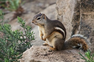 Alert Golden-Mantled Ground Squirrel perched on a textured rock with crossed paws, captured in natural light with soft focus