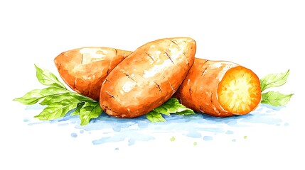 Sweet potatoes in watercolor style natural setting food illustration artistic composition