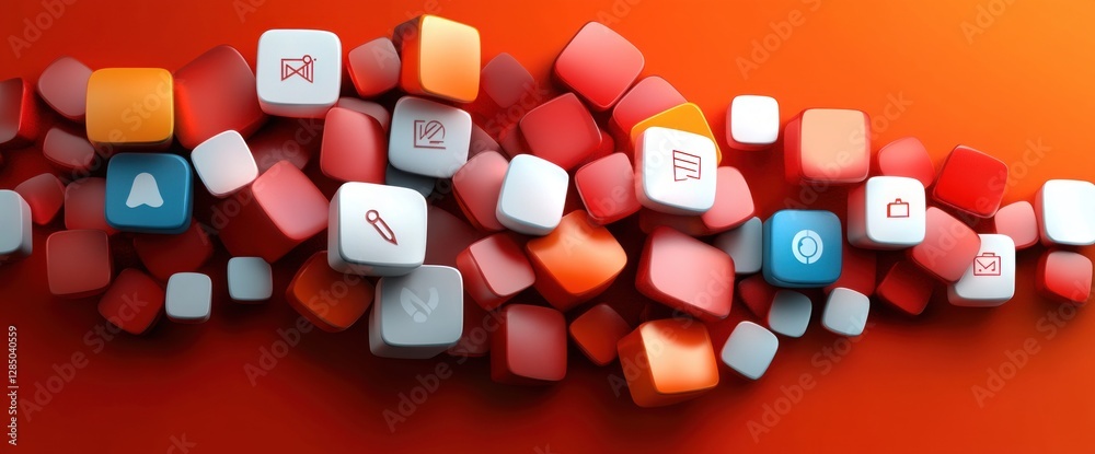 Poster digital artwork of presentation icons on red background with copy space
