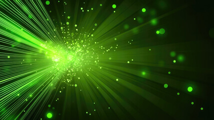 Naklejka premium Abstract background with green glowing rays and bokeh dots. Big data concept. Vector for banner. Green tech wallpaper.