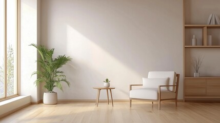 Fototapeta premium Minimalist living room with white chair and coffee table near with plant ,wood furniture and minimalist decor with white wall background . Zoom Virtual Meetings Background. 3D Backdrop.