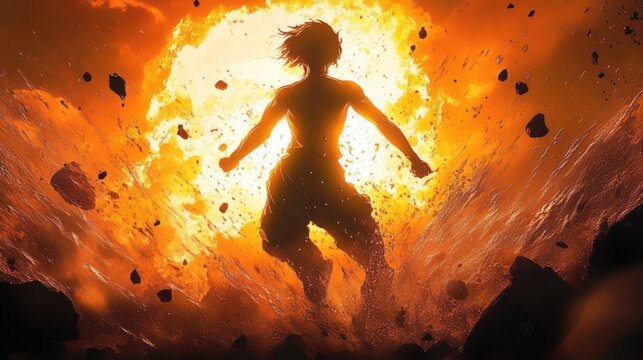 Dynamic kung fu girl master battling elemental forces at sunset