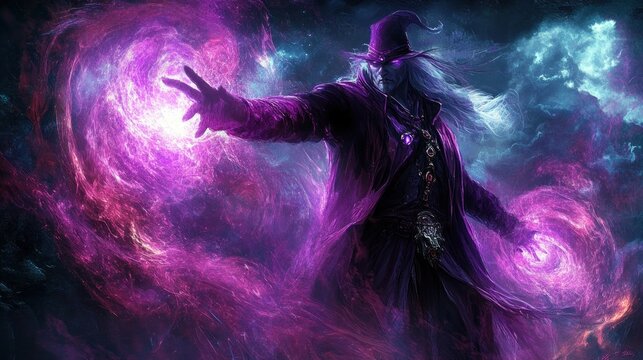 Sinister Dark Elf Magician Casting Dark Purple Energy Curse - Powered by Adobe