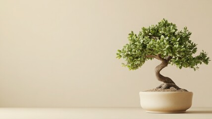 Fototapeta premium Miniature Bonsai Tree in Cream Pot Against Beige Background