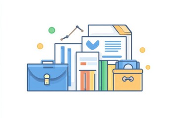 Business Documents and Briefcases with Graphs and Charts in Flat Design Style