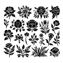Silhouette of a set floral design with thick outline side view isolated, no text, no shadow