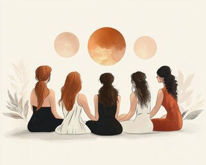 Women Empowerment Circle, Feminine Energy Union, Magical Gathering of Women, Esoteric Connection, Sorceresses Holding Hands, Sacred Space of Support, Meditation and Ritual