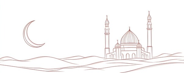 Mosque and crescent moon in a minimal desert illustration